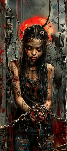 attractive female vampire with long hair, skull tattoos on her face and hands holding chains in the style of Skottie Young. Vesalius, with hyperrealistic detail and ultrahigh definition, cinematic lighting and a graffiti background in the art styles of Jean-Baptiste Monge and Klimt, with a red moon in the sky. --ar 33:74 --c 35 --sref  --s 400 --v 6.0