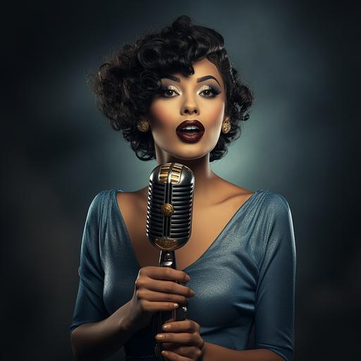 attractive grey hired woman blues singer holding an old fashion brass microphone