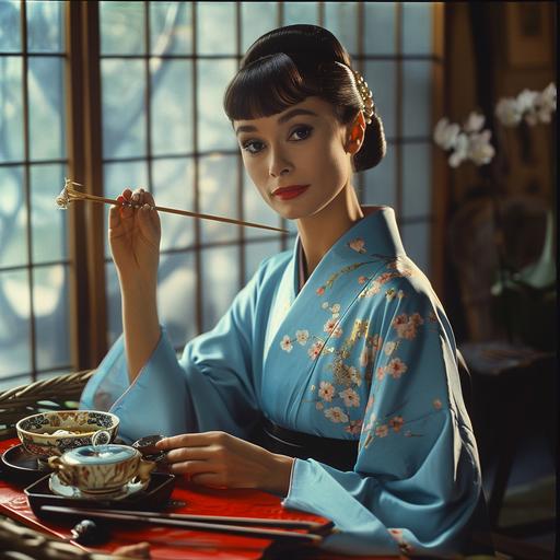 audrey hepburn wearing blue tiffany color kimono eating japanese sushi dinner in a japanese catle with diamond dresses ukiyeo style --v 6.0