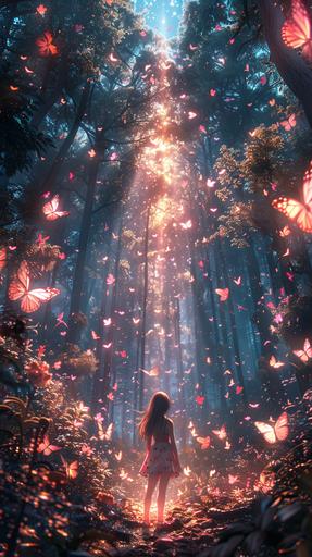 A beautiful forest with dancing pink butterflies, shining, a girl from the back placed in a small size at the bottom center, --ar 9:16 --s 750 --v 6.0