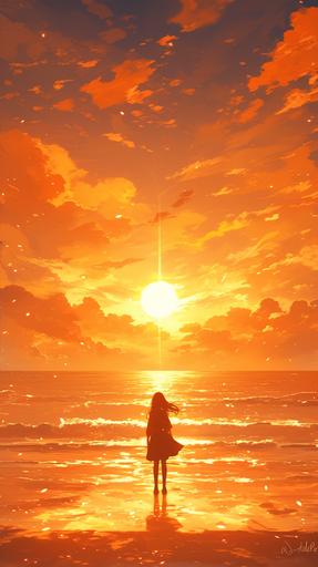 A beautiful orange sunset with the sun, sky and sea shining beautifully, and a woman who looks small in the bottom center standing on the sandy beach facing the sea, --ar 9:16 --s 250 --niji 6