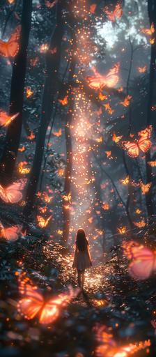 A forest where pink butterflies dance, beautifully shining, and the back of a small woman in the lower center, --s 750 --v 6.0 --ar 45:103