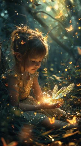 A little fairy girl holding a sparkling crystal, sitting in the forest and watching over it, small animals, butterflies, --ar 9:16 --s 250 --v 6.0
