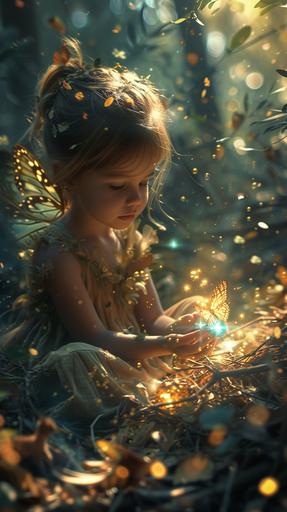 A little fairy girl holding a sparkling crystal, sitting in the forest and watching over it, small animals, butterflies, --ar 9:16 --s 250 --v 6.0