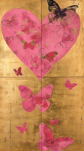 Heart design, butterflies, pink, gold background, folding screen painting, --ar 9:16 --v 6.0