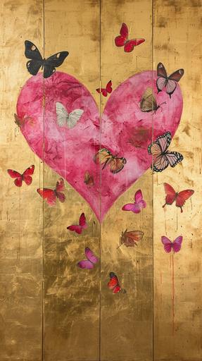 Heart design, butterflies, pink, gold background, folding screen painting, --ar 9:16 --v 6.0