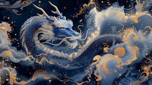 Illustration design with oriental dragon motif, blue and champagne gold, --ar 16:9 --s 750 --v 6.0