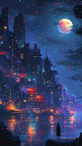 Illustration of a city at night, neon lights shining, stars can be faintly seen, and a small woman is spotted at the bottom of the illustration, --ar 9:16 --s 250 --v 6.0