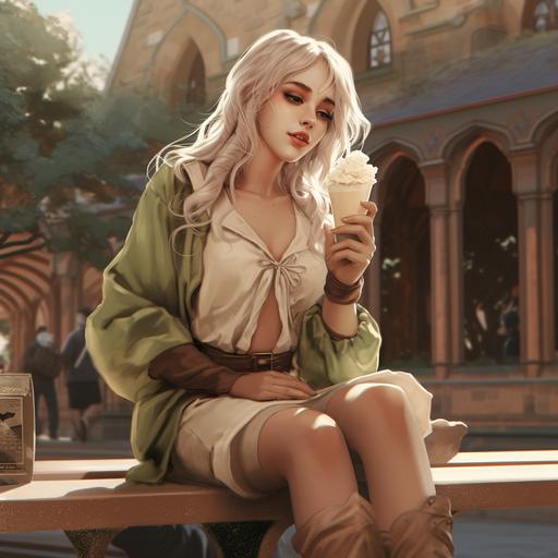 A modern medieval fantasy version: An elf dressed in 60s style, eating an ice cream. She is sitting outside on a bench.
