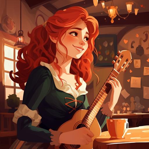 masterpiece, bard, cute, redhead, light green eyes, freckles, colourful clothes, little hat, plays lute, cheerful, tavern, atmosphere, music. graphic vector Pixar studio