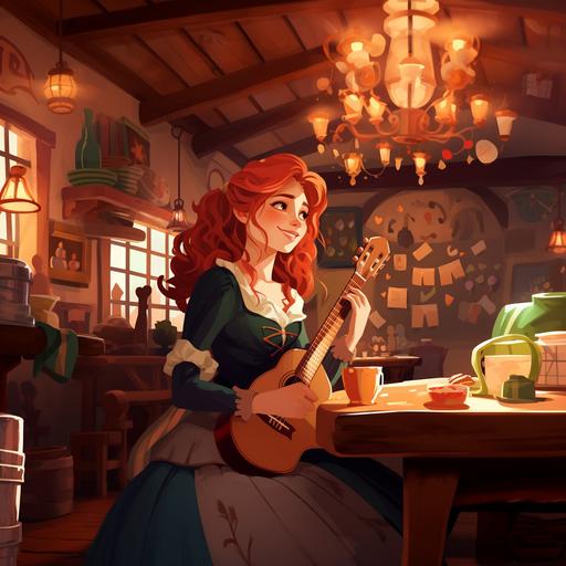 masterpiece, bard, cute, redhead, light green eyes, freckles, colourful clothes, little hat, plays lute, cheerful, tavern, atmosphere, music. graphic vector Pixar studio