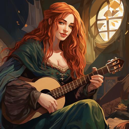 masterpiece, medieval fantasy world, bard, woman, cute, redhead, light green eyes, freckles, colourful clothes, little hat, plays lute, on stage, merry, tavern, atmosphere, music. graphic vector lord of the rings studio