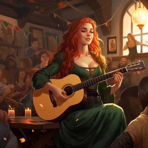 masterpiece, medieval fantasy world, bard, woman, cute, redhead, light green eyes, freckles, colourful clothes, little hat, plays lute, on stage, merry, tavern, atmosphere, music. graphic vector lord of the rings studio