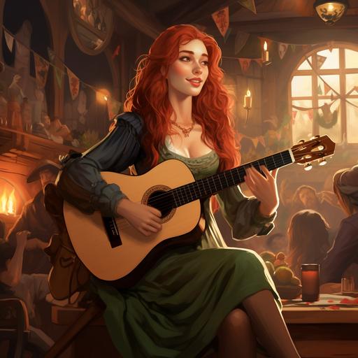 masterpiece, medieval fantasy world, bard, woman, cute, redhead, light green eyes, freckles, colourful clothes, little hat, plays lute, on stage, merry, tavern, atmosphere, music. graphic vector lord of the rings studio