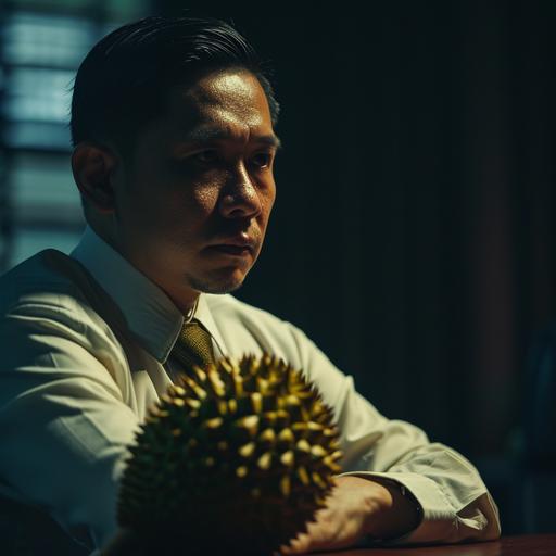 austere singaporean businessman staring at durian, office board room, moody, cinematic --v 6.0