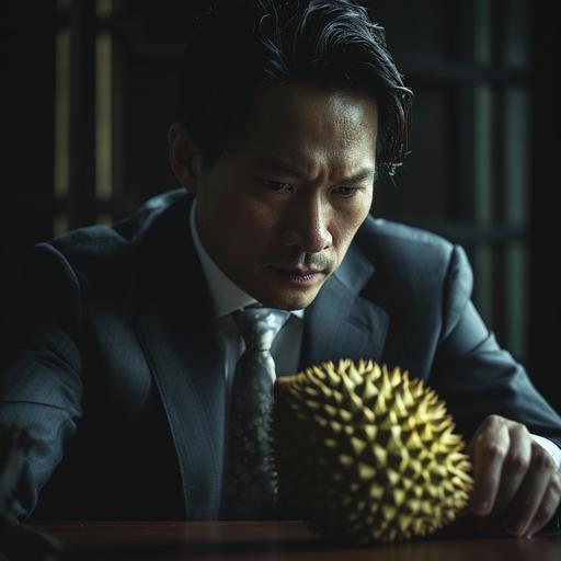 austere singaporean businessman staring at durian, office board room, moody, cinematic --v 6.0