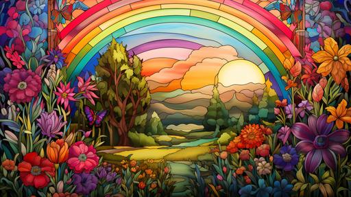 A stained glass window of picture of a rainbow, beautiful garden --ar 16:9