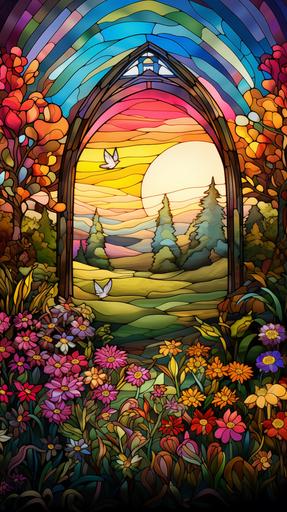 A stained glass window of picture of a rainbow, beautiful garden --ar 9:16