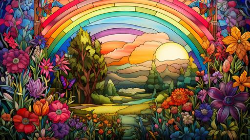 A stained glass window of picture of a rainbow, beautiful garden --ar 16:9