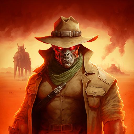 australian supervillain dressed in khaki colours and a cork hat, red desert setting, dramatic lighting. evil appearance with henchmen and weaponry