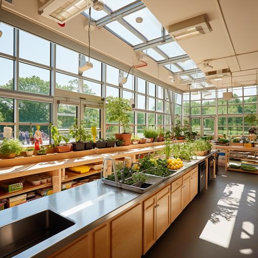 Visualize a modern, green school kitchen: a bright and welcoming space with large windows allowing plenty of natural light. Modern kitchen appliances and countertops surrounded by fresh, organic foods. Children and teenagers actively involved in meal preparation, alongside teachers or kitchen staff. Incorporate elements of nature and sustainability: plants or herb gardens in the background or on window sills symbolizing connection to nature. Recycling bins and eco-friendly kitchen utensils to emphasize sustainability. Interactive elements: a digital display board or screen showing innovative ideas or recipes. Children using tablets or interactive screens to learn recipes or information about sustainable nutrition. Color scheme and style: fresh, vibrant colors like green, yellow, and blue to symbolize health and environmental awareness. A modern yet friendly style that appeals to children and teenagers. Children are cooking in this kitchen