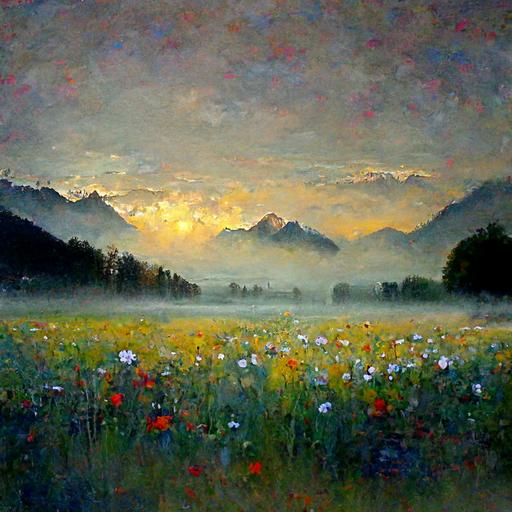 austria alps, sunrise, oil painting, field of flowers, misty, dreamy, joyous