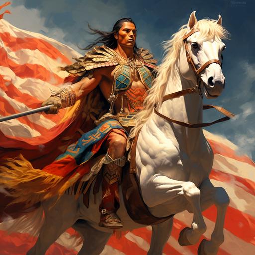 authoritarian Native American dictator super soldier riding pegasus god. Colours of Native American flag