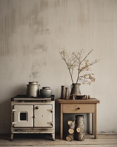autumn, minimal, still life, farmhouse, wood stove, photographed by Maria Svarbova, Brooke Didonato and Erwin Olaf, off white, beige, light brown, neutral tones, --ar 4:5