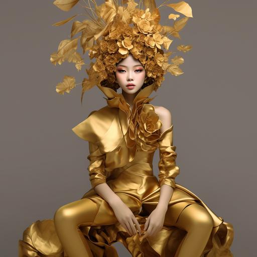avant-garde outfit, worn my beautiful Korean supermodel, outfit inspired by gold froggy, detailed, tasteful, elegant