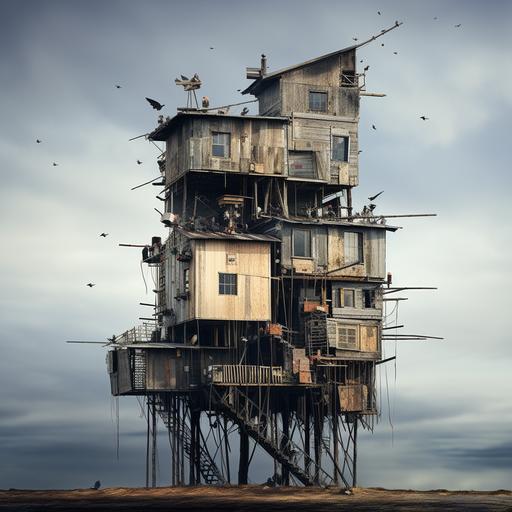 avant-garde photomontage, tall pigeon house, house on stilts, odd perspectives