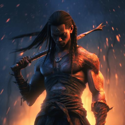 avatar the way of water movie themed, sharp, a handsome, very skinny tall brown male hot anime character, with abs, thin black dreads, glowing red pheonix tattoo on chest , holding big weapon, fire coming out of hand, 8k, high quality , realistic
