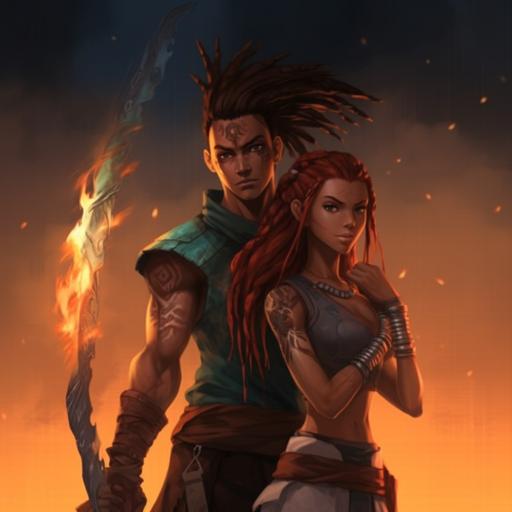 avatar the way of water, sharp, a handsome very skinny tall brown male and female together, couple hot anime character, with abs, thin black dreads, glowing red pheonix tattoo on chest , scar face, holding big weapon, fire coming out of hand, 8k, high quality , realistic