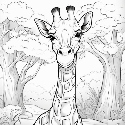 coloing pages for kids, giraffe, zoo animal, cartoon style, tree, thick lines, no shading AR 9:11