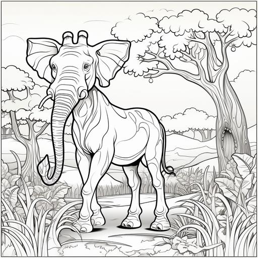 coloring pages for kids, zoo animals, cartoon, trees, thick lines, no shading AR 9:11