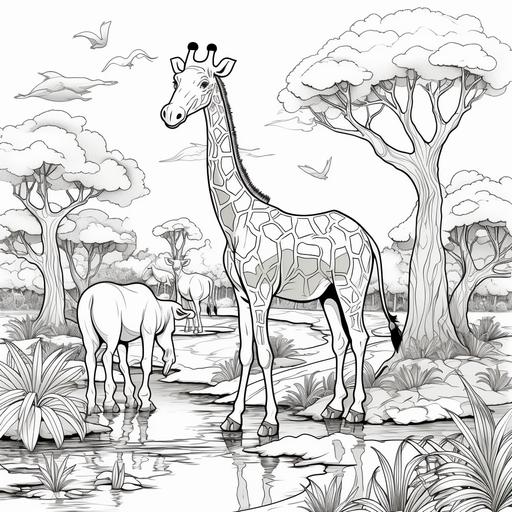 coloring pages for kids, zoo animals, cartoon, trees, thick lines, no shading AR 9:11