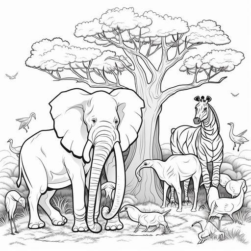 coloring pages for kids, zoo animals, cartoon, trees, thick lines, no shading AR 9:11