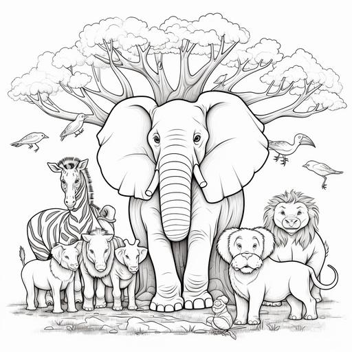 coloring pages for kids, zoo animals, cartoon, trees, thick lines, no shading AR 9:11