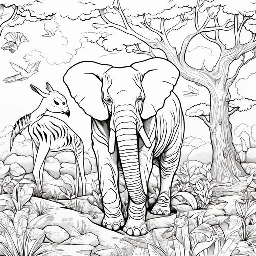 coloring pages for kids, zoo animals, cartoon, trees, thick lines, no shading AR 9:11