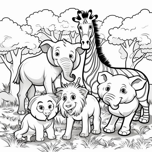 coloring pages for kids, zoo animals, cartoon, trees, thick lines, no shading AR 9:11