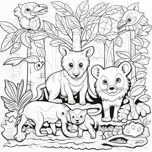 coloring pages for kids, zoo animals, trees, cartoon style, thick lines, no shading