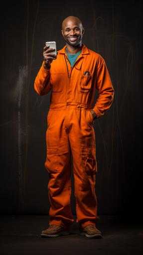 award wining photography of and african american wall painter, happy, posing with a phone hand sign, wearing orange overalls --ar 9:16
