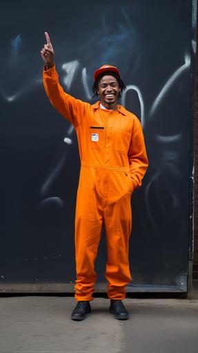award wining photography of and african american wall painter, happy, posing with a phone hand sign, wearing orange overalls --ar 9:16
