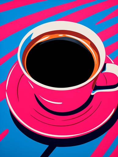 award winning Coffee theme poster, simple, ultra realistic, luxury. Hot pink themed. Close-up, looking down, focus on hot coffee in mug. blue and white packaging design but in flat display. pop art inspired--s 750 --no mock-up --ar 3:4