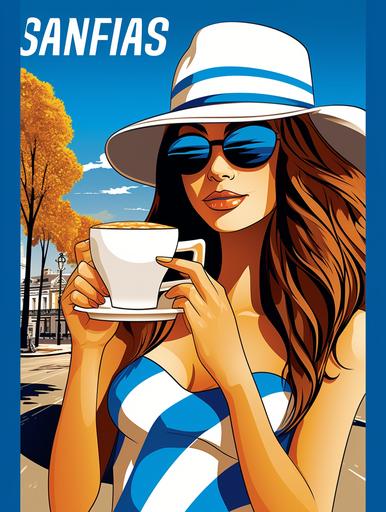 award winning Coffee theme poster, simple, ultra realistic, paris beach themed, focus on coffee mug. blue and white packaging design but in flat display. pop art inspired--s 750 --no mock-up --ar 3:4