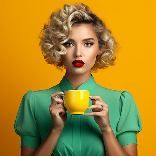 award winning Coffee theme poster, ultra realistic photograph poster design, green and yellow aesthetic, packaging design. Woman holding coffee mug. Bold, fun, lively, colourful, pop art inspired