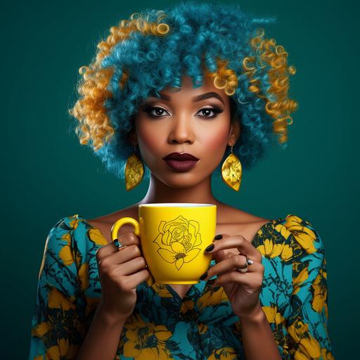 award winning Coffee theme poster, ultra realistic photograph poster design, green and yellow aesthetic, packaging design. Woman holding coffee mug. Bold, fun, lively, colourful, pop art inspired