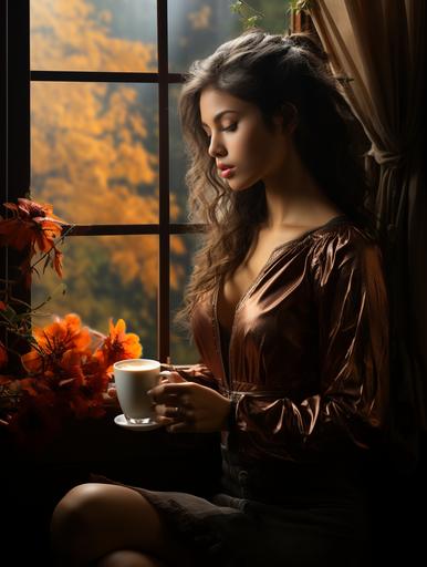 award winning coffee themed poster, ultra realistic photograph poster design, luxury modern aesthetic, earth tones. shot of the back of the model women holding a cup of hot coffee, steam, looking out to the garden. women looks happy, and satisfied. lighting softly illumates models face --s 750 --ar 3:4