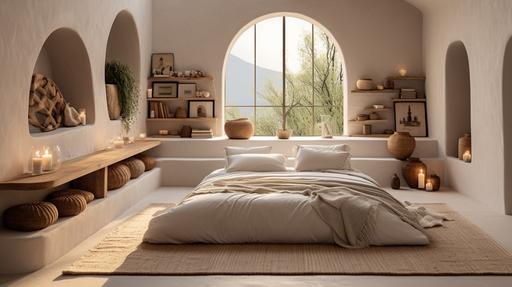 award-winning interior design of minimalistic boho bedroom, big bed on the left side, high simple rectangle windows on the left corner, colorful morrocan style cusions, fluffly rug on the floor, in the style of yaka art, tangled nests, mediterranean-inspired, unconventional use of space, practical use of space, a lot of storage, white walls, linen drapes, natural materials, wood --ar 16:9 --s 250 --v 5.2