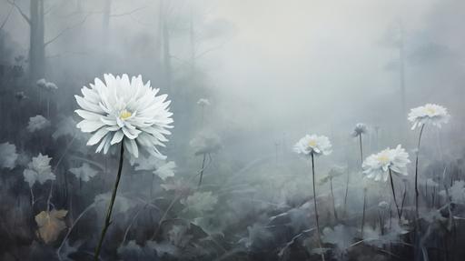 award winning painted picture, big white hirsute chrysanthemum in the rain, background is misty graveyard, minimalistic picture --ar 16:9