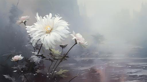 award winning painted picture, big white hirsute chrysanthemum in the rain, background is misty graveyard, minimalistic picture --ar 16:9